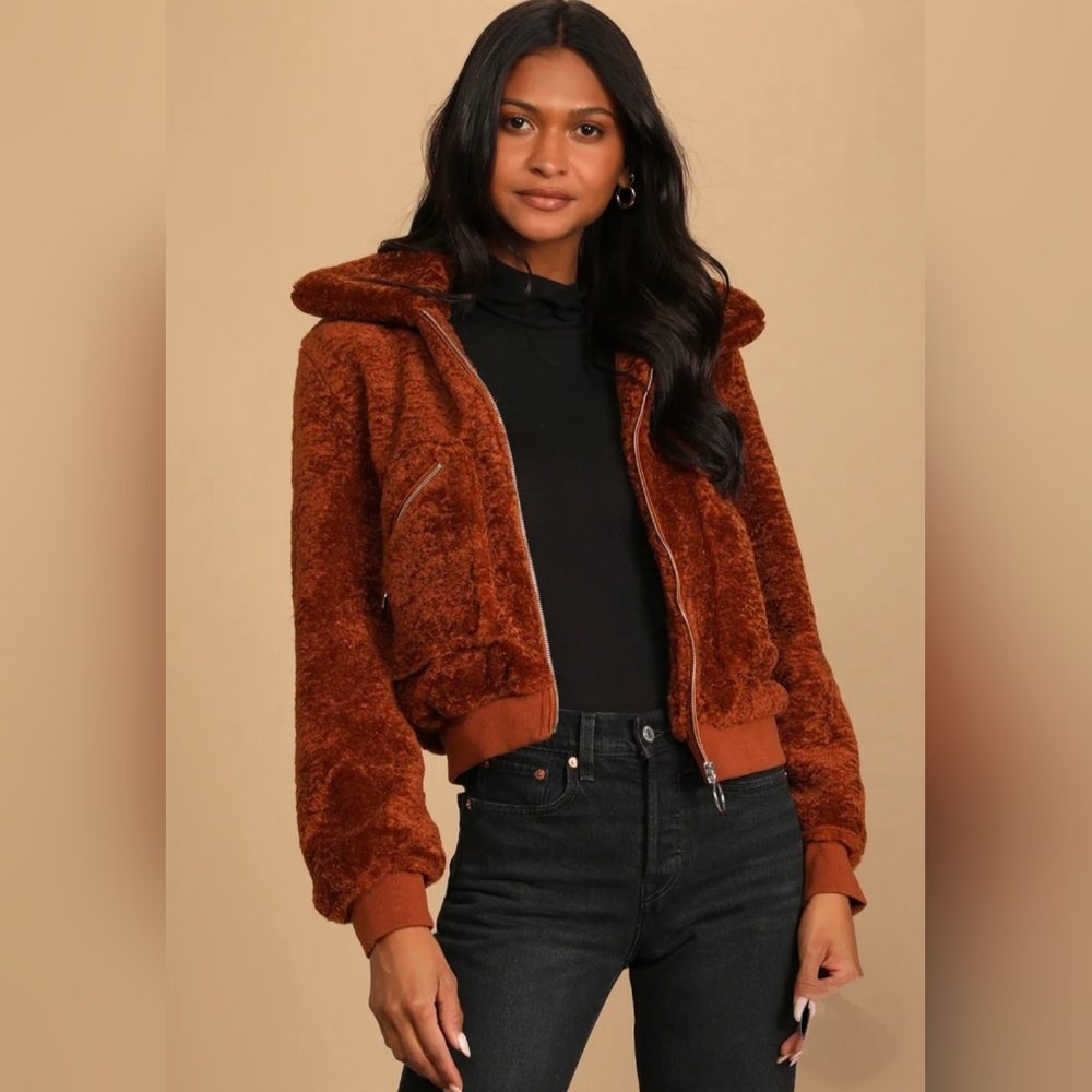 BLANK NYC* 'Level Up' Faux Fur Teddy Bear Bomber Jacket Silvertone Hardware XS
